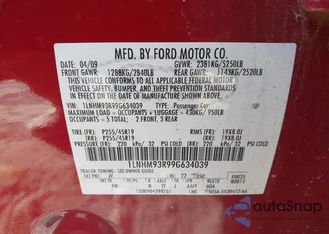 2009 Lincoln Mks z USA, uszkodzony, nr VIN 1LNHM93R99G634039